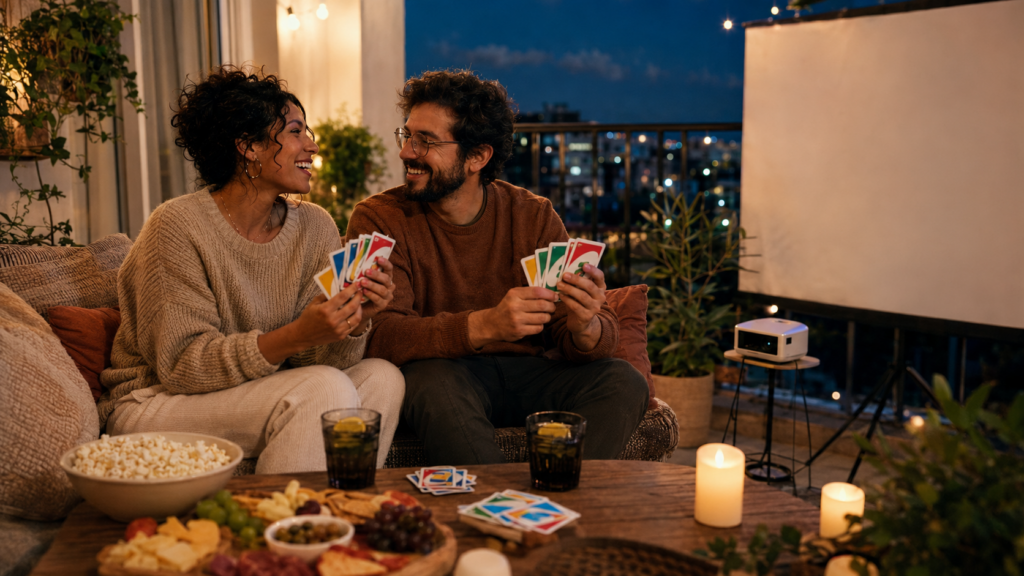 Romantic balcony date night with a couple playing UNO, sharing snacks and enjoying an outdoor projector movie at home.