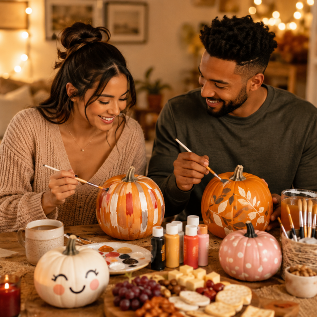 Pumpkin Painting date night ideas with a cozy couple painting pumpkins at home, fall decor, candles, snacks, and romantic autumn vibes.