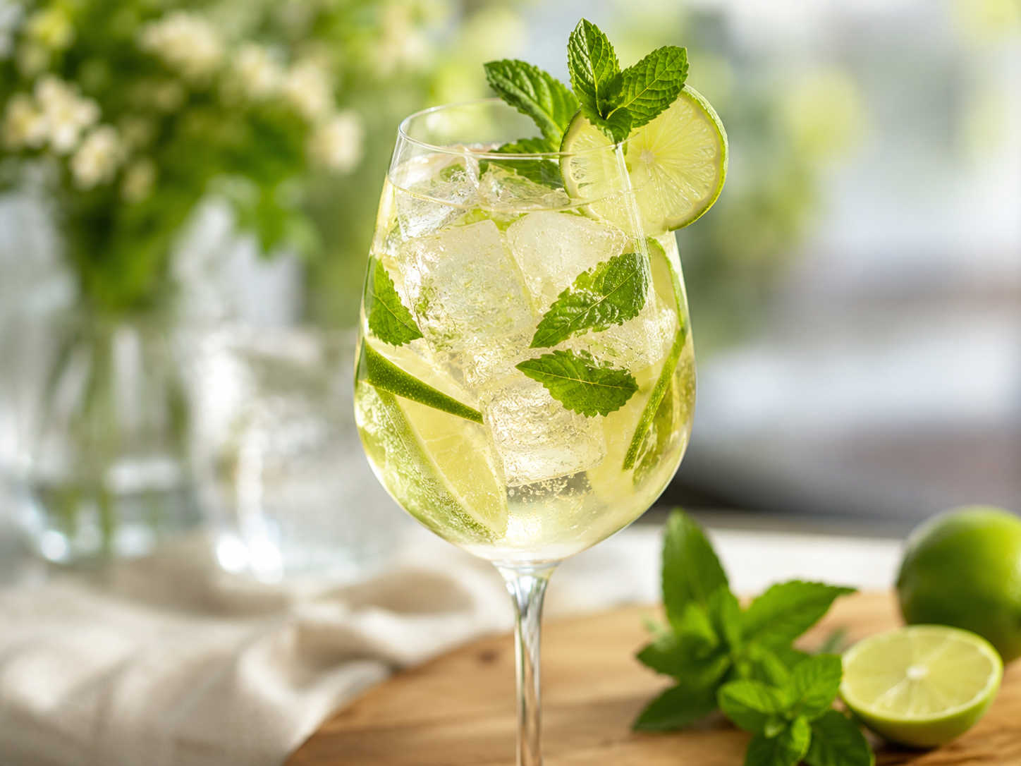 Hugo Spritz cocktail with prosecco, elderflower, fresh mint, lime slices and ice in a wine glass.