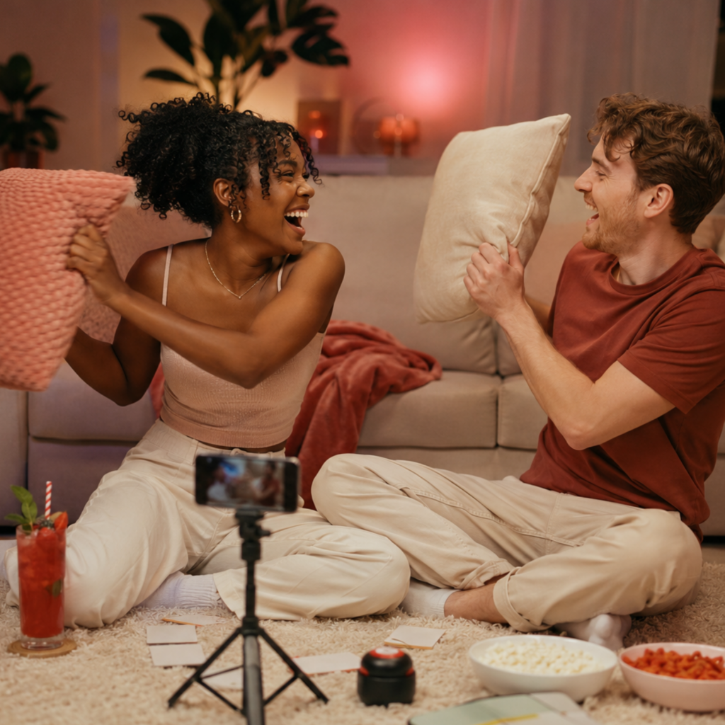 Couple enjoying a chaotic date night with TikTok-inspired games, pillows, mocktails and playful challenges at home.