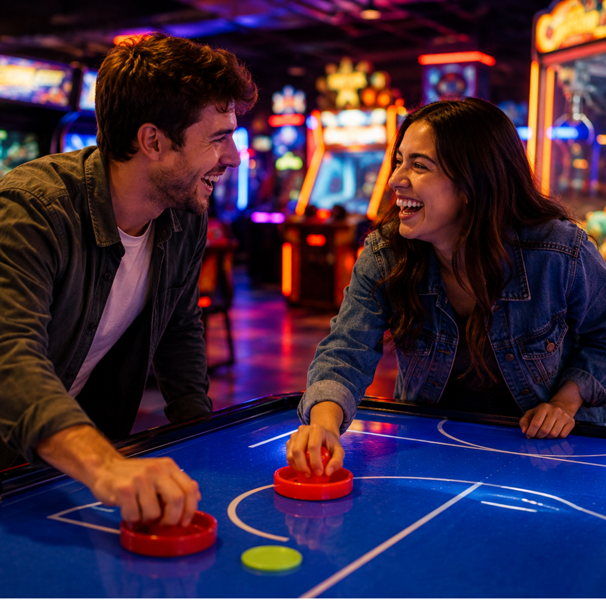 Couple laughing and playing air hockey during a colourful arcade date night, surrounded by neon arcade games and prize machines.