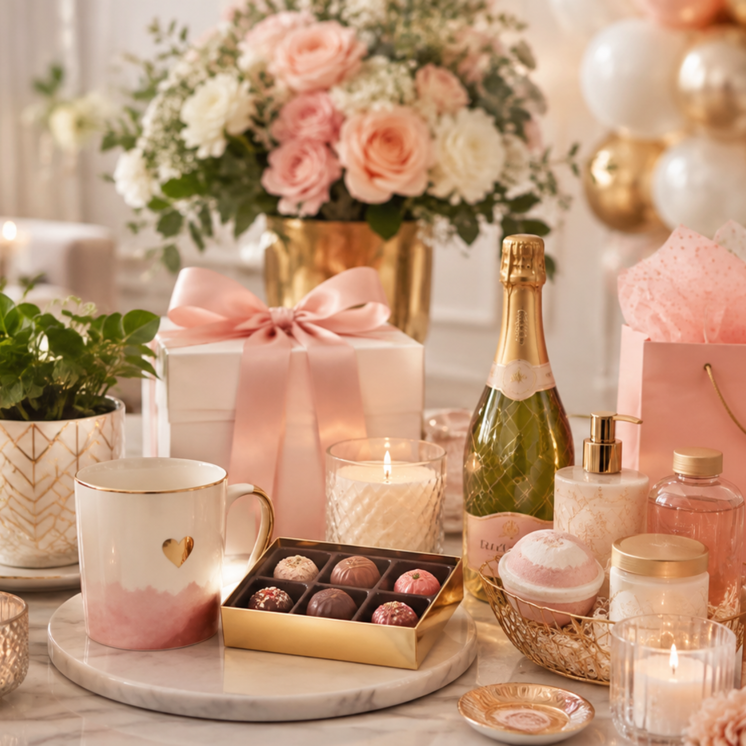 Elegant bridal shower prizes table with candles, chocolates, gift boxes, beauty treats and mini prosecco bottles.