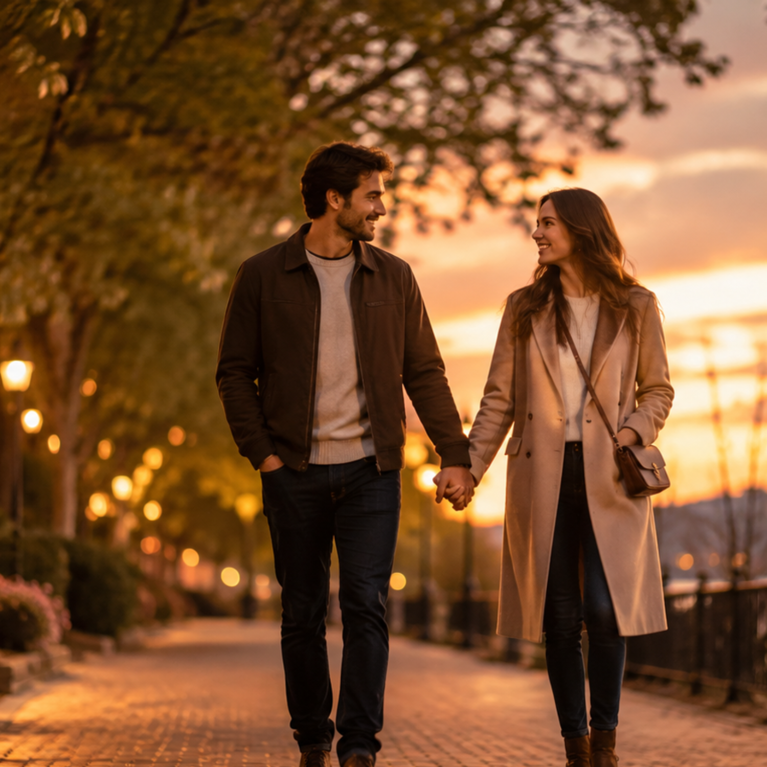 Romantic couple holding hands on a sunset walk, illustrating simple date night walk ideas for couples.