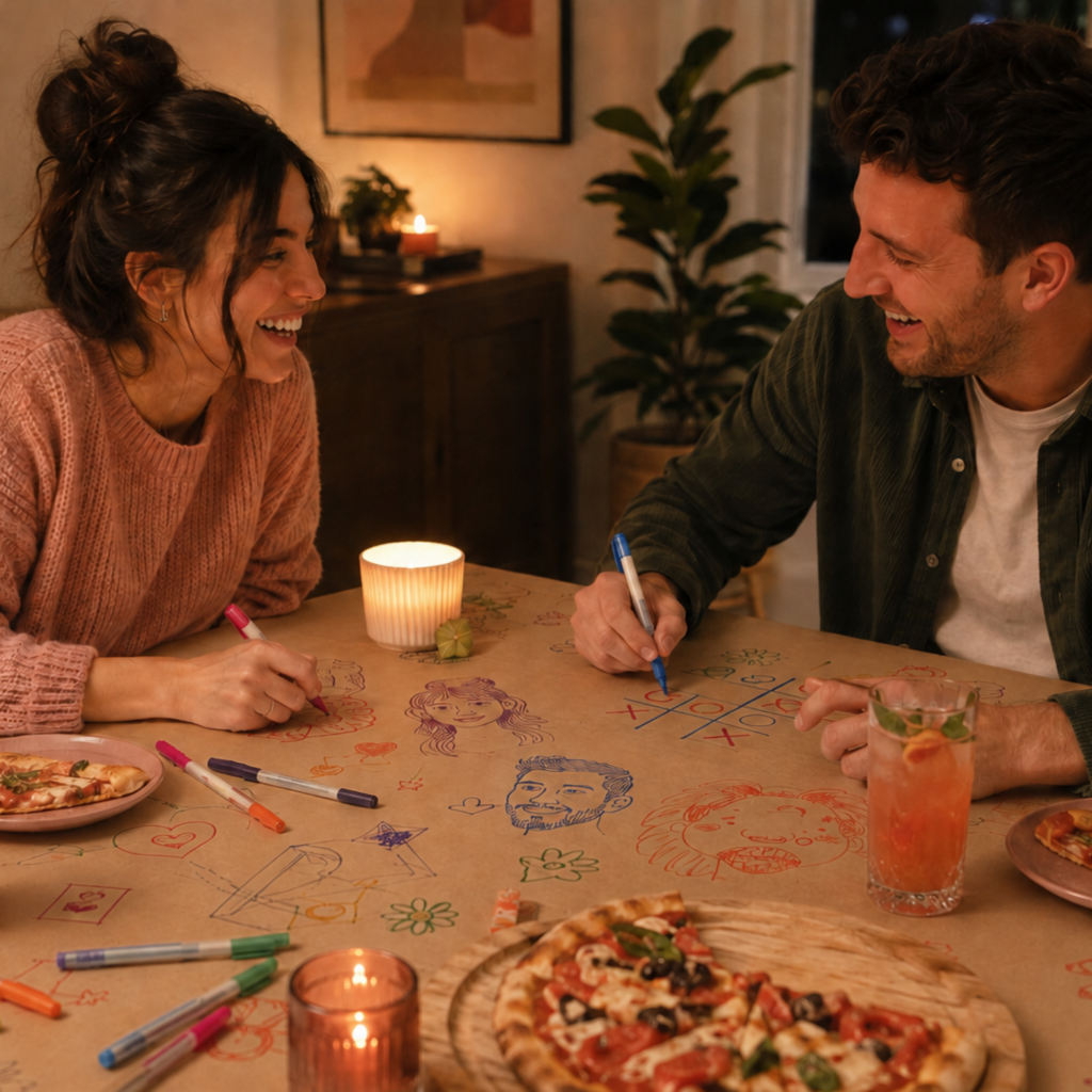 Couple enjoying a tablecloth date night, drawing games on brown kraft paper while sharing pizza and drinks at home.
