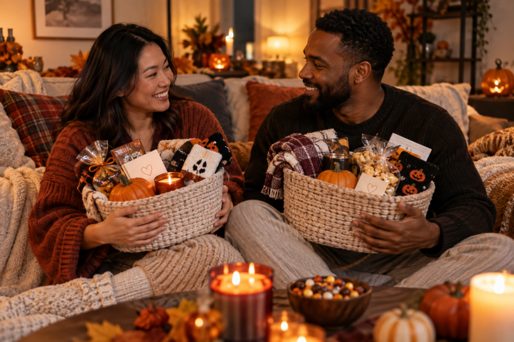 Chinese woman and Black man exchanging personalised boo baskets during a cosy Halloween date night at home.