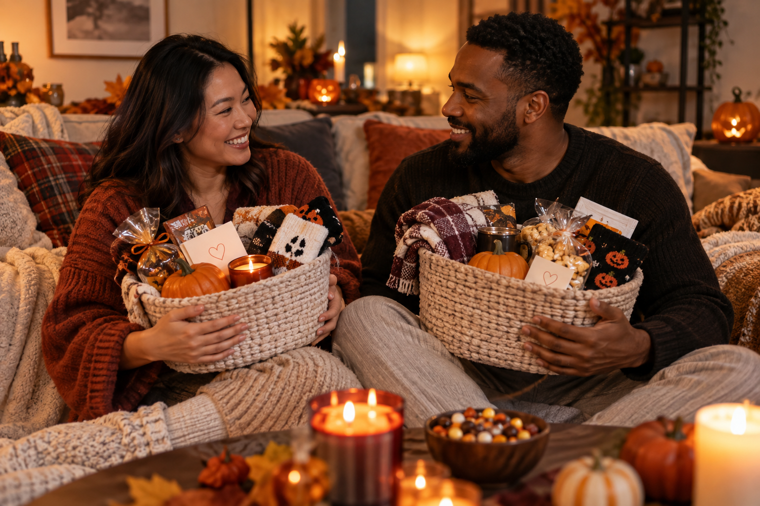 Chinese woman and Black man exchanging personalised boo baskets during a cosy Halloween date night at home.