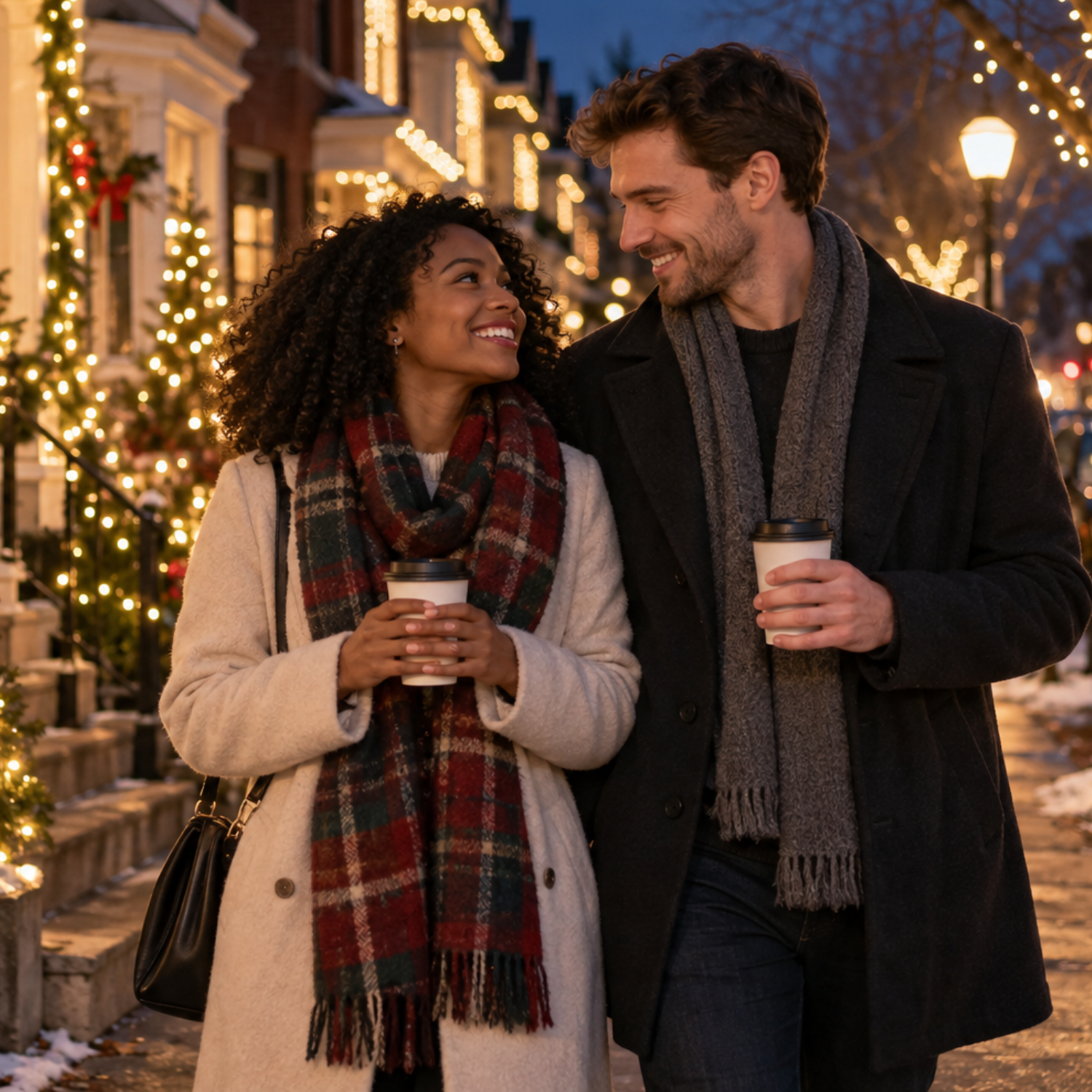 Couple enjoying a romantic Christmas lights date night with hot drinks on a beautifully decorated festive street.