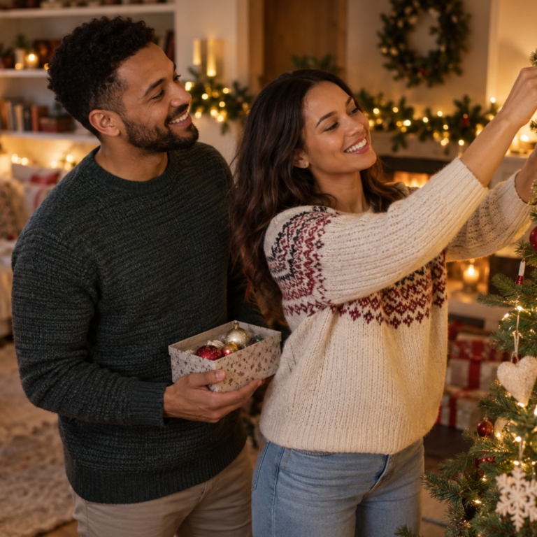 Couple decorating a Christmas tree together at home while enjoying one of their favourite Christmas traditions for couples.