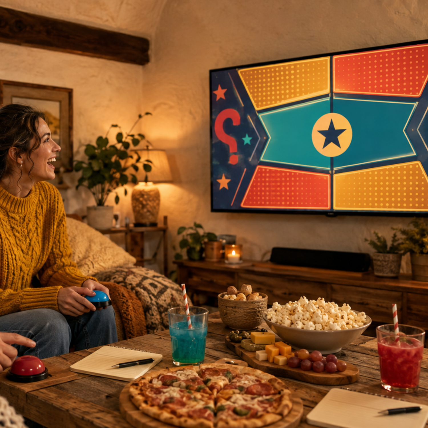 Couple enjoying a quiz date night at home with buzzers, snacks and drinks in a cosy living room.
