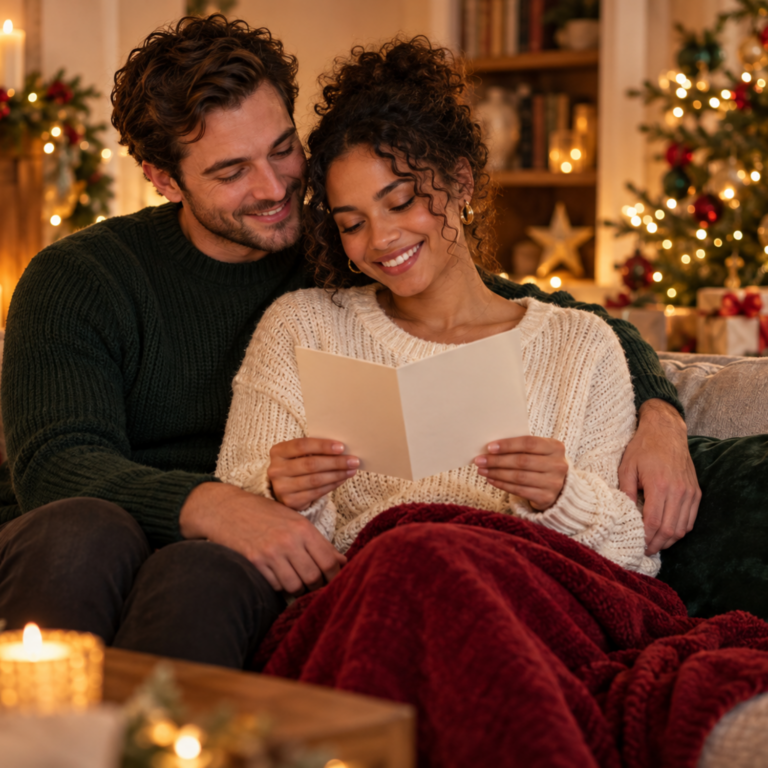Couple reading romantic Christmas card messages together beside a festive tree in a cosy living room.
