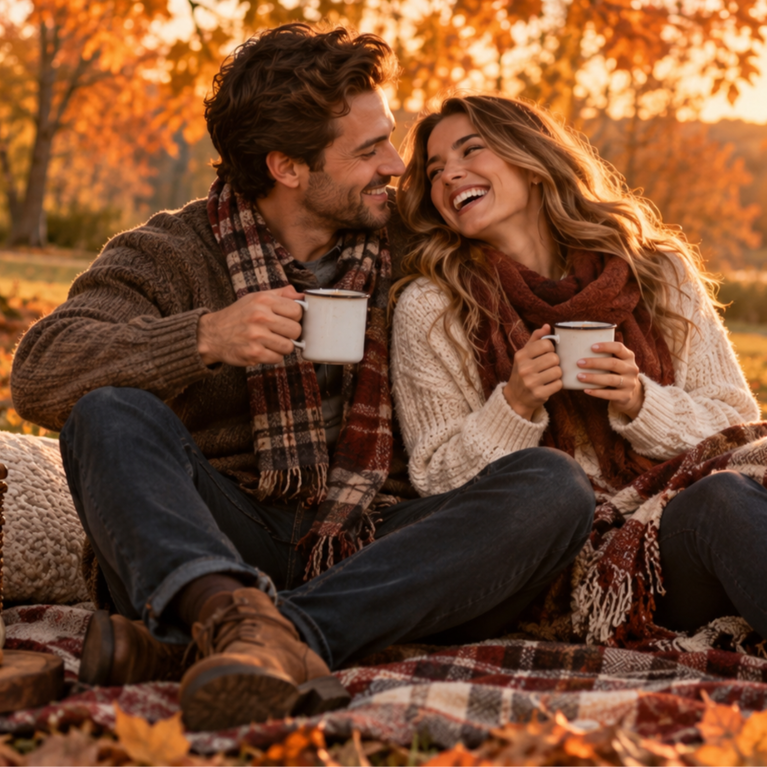 Couple enjoying a cosy autumn picnic with warm drinks and pumpkins, one of 100 romantic fall date ideas for couples.