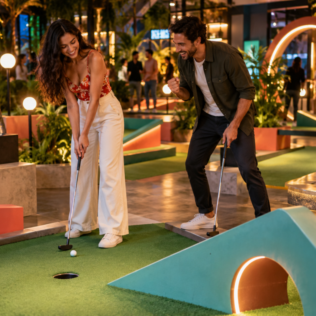 Couple laughing and competing during a colourful indoor mini golf date night with playful obstacles and warm evening lighting.