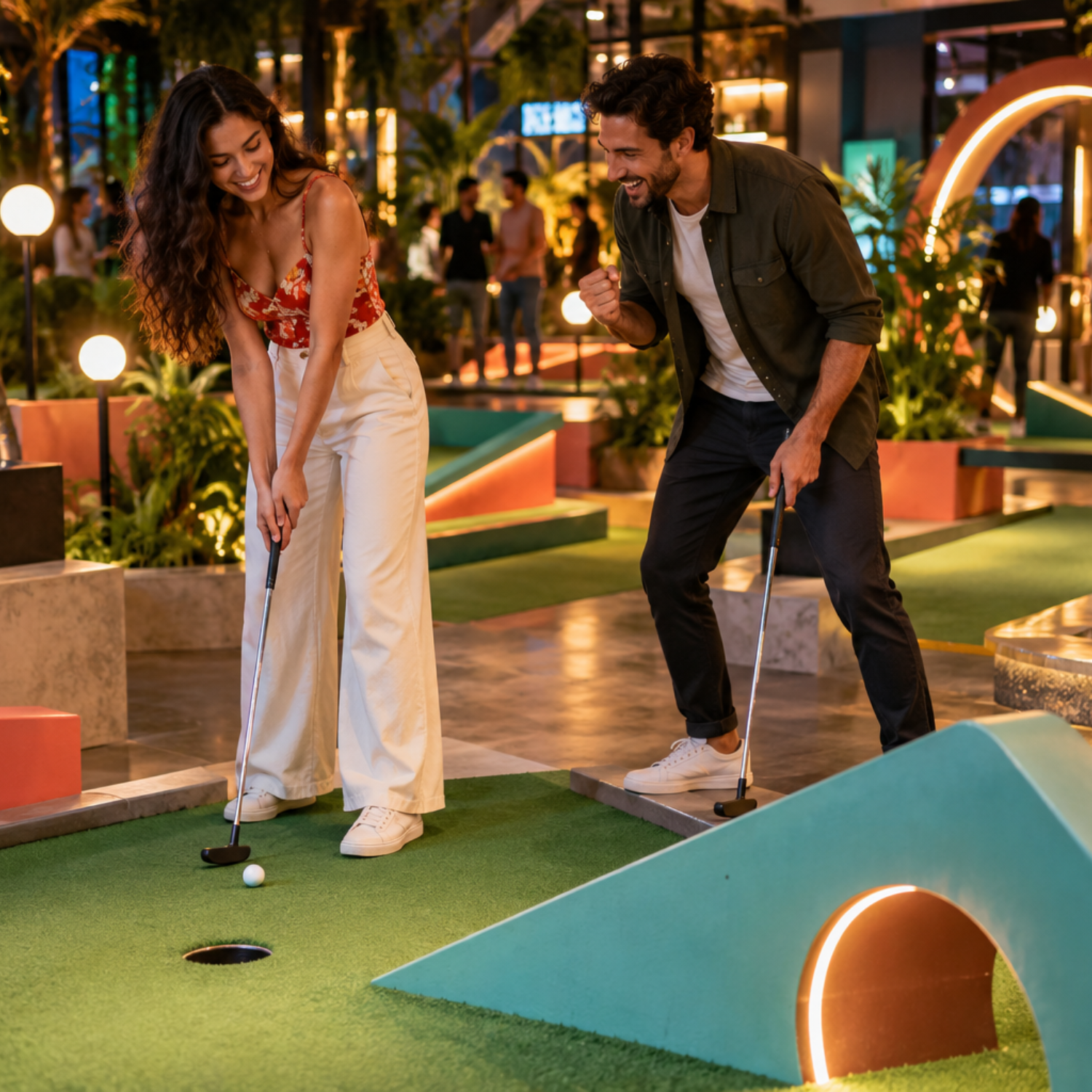 Couple laughing and competing during a colourful indoor mini golf date night with playful obstacles and warm evening lighting.